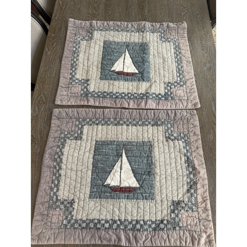 VTG Sailboat Quilted  Pillow Shams‎ 29X 23 EUC Cotton Nautical Coastal